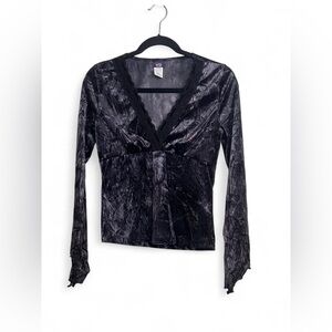Y2K Wild Cat Black Velvet Long Sleeve Asymetrical Top Lace detail Size M/L Goth